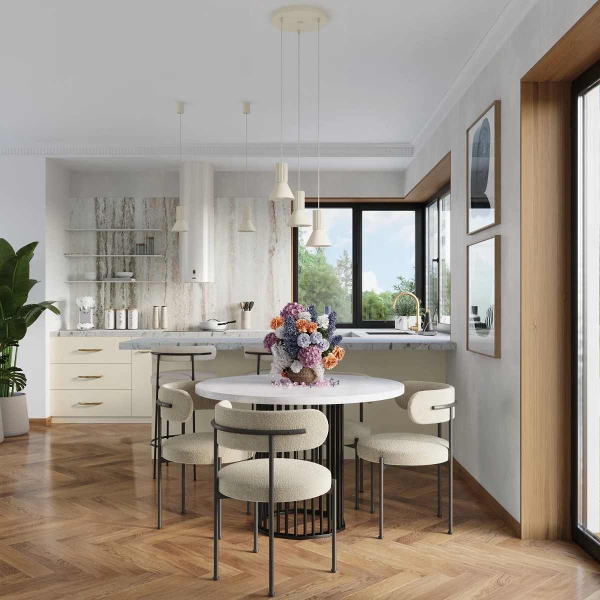 Lichte eetkamer met beige hanglampen boven een ronde tafel